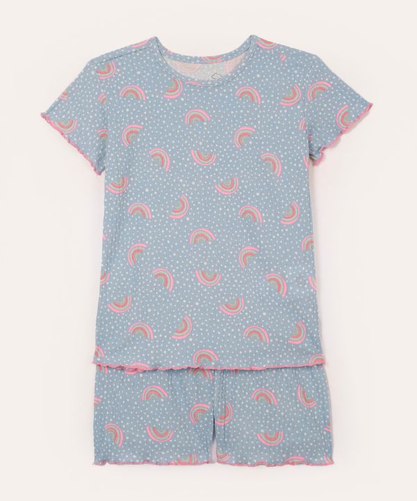 pijama infantil canelado poá e arco íris manga curta azul 10