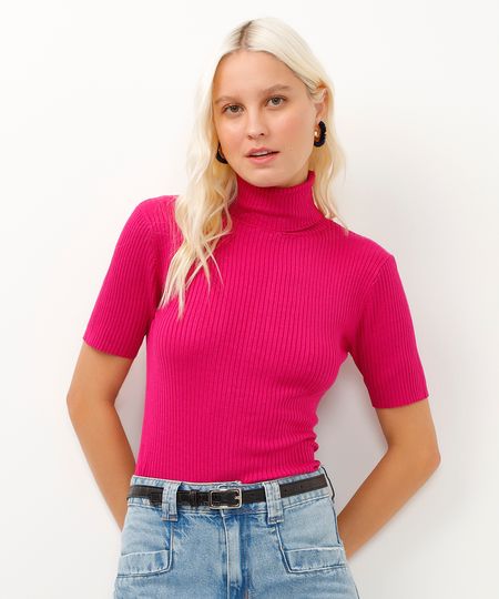 blusa de tricot gola alta manga curta roxa PP
