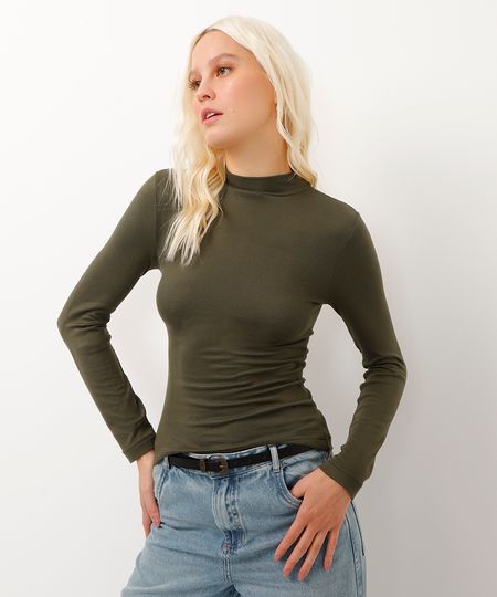 blusa básica alongada gola alta preto - verde militar P