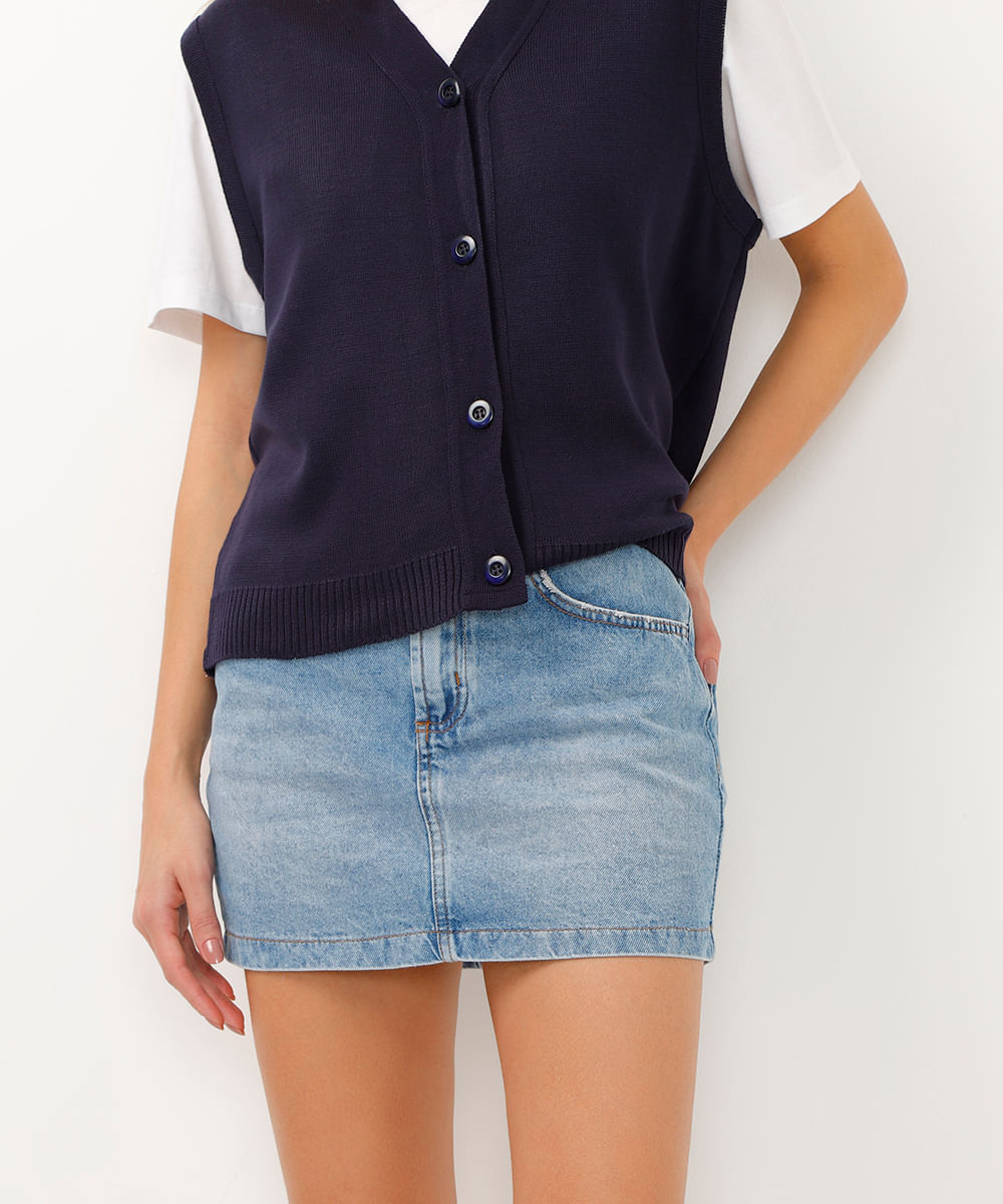 saia jeans curta cintura alta azul