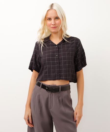 camisa cropped xadrez com brilhos preta PP