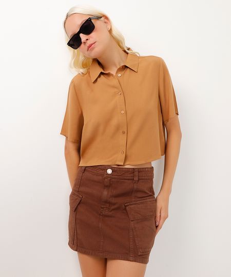 camisa de viscose cropped manga curta bege PP