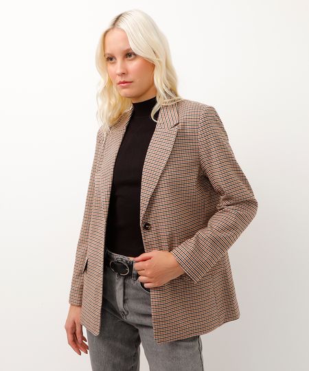 blazer de alfaiataria xadrez com bolsos marrom P