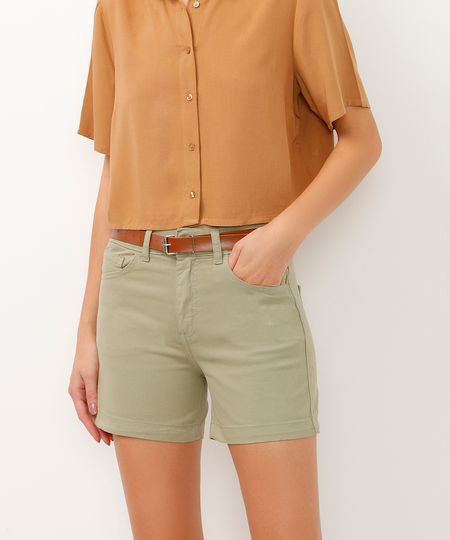 short midi de sarja cintura média com cinto verde militar 34