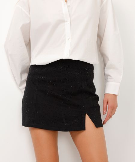 short saia de sarja cintura super alta com fenda e brilho preto 42