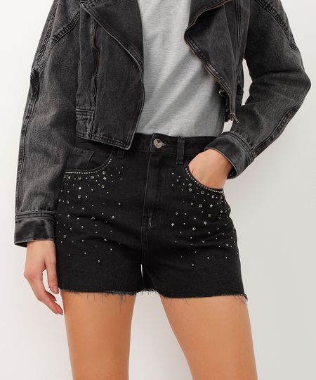 short jeans cintura super alta com tachas e brilhos preto 38