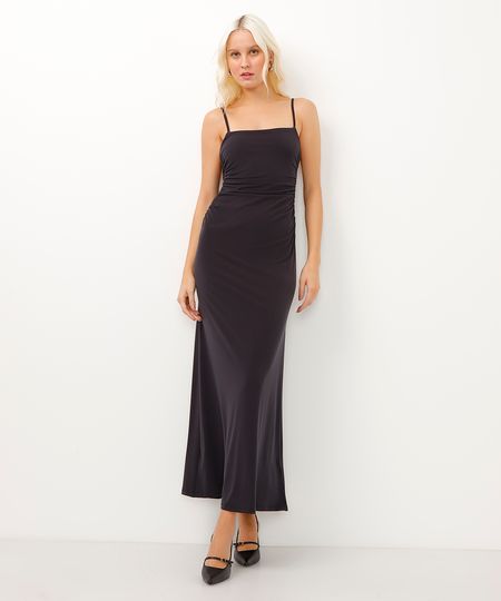 vestido longo alça fina com franzidos preto PP vestido longo alça fina com franzidos preto PP