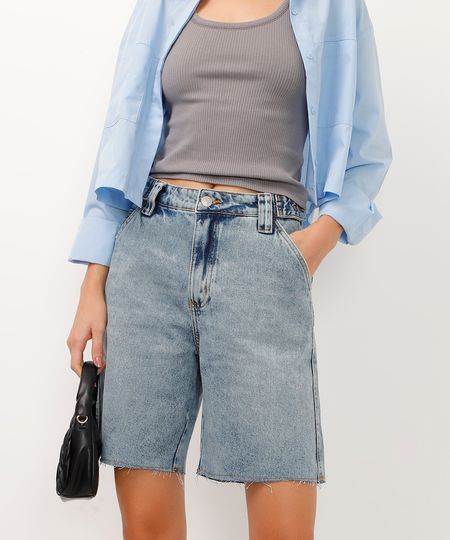 bermuda jeans alongada cintura regulável azul 34