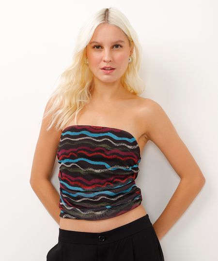 blusa cropped de tule sem alça élle de bernardini preta G