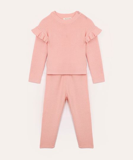 conjunto longo de tricot infantil rosa 1