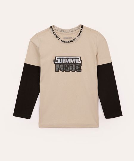 camiseta de algodão infantil minecraft manga longa bege 4