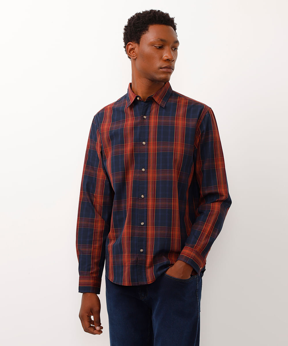 camisa xadrez manga longa azul marinho