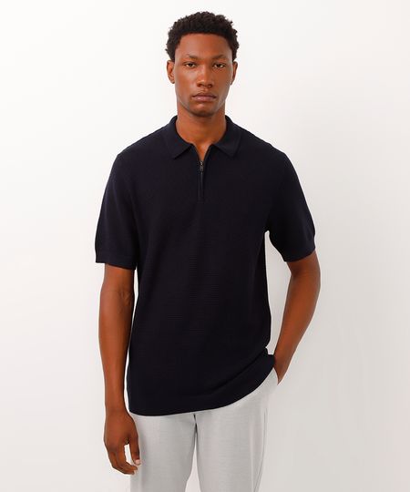 polo texturizada com zíper manga curta azul marinho P