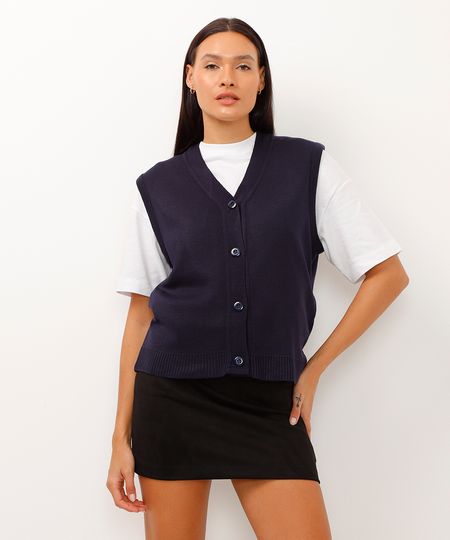 colete de tricot com botões azul marinho PP