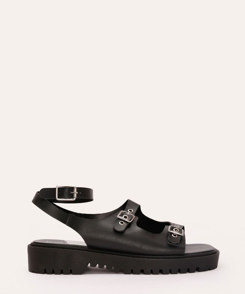 sandália flatform com fivelas e ilhós oneself preto