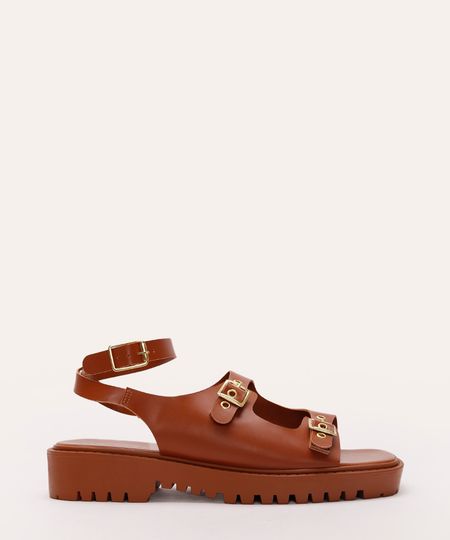 sandália flatform com fivelas e ilhós oneself marrom 35