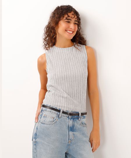regata alças médias texturizada e listrada off white P