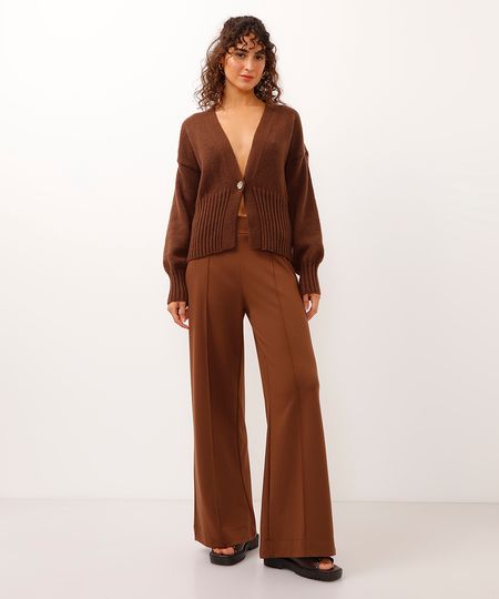 calça wide leg com recorte cintura alta marrom P calça wide leg com recorte cintura alta marrom P