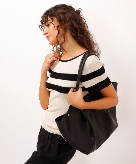 blusa de tricot canelada e listrada bege PP