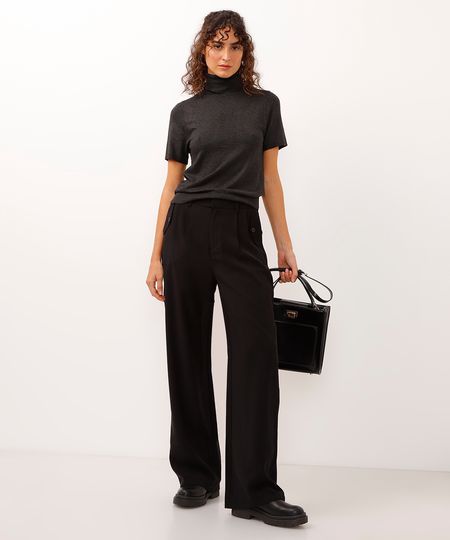 calça de alfaiataria wide leg com bolsos lapela preta 42