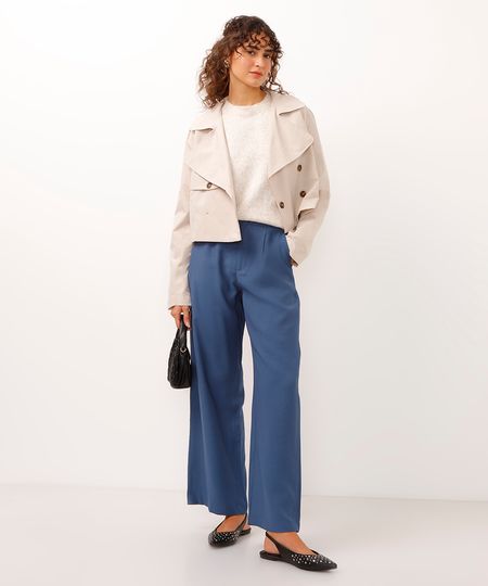 calça wide leg de viscose cintura alta - azul escuro 34 calça wide leg de viscose cintura alta - azul escuro 34