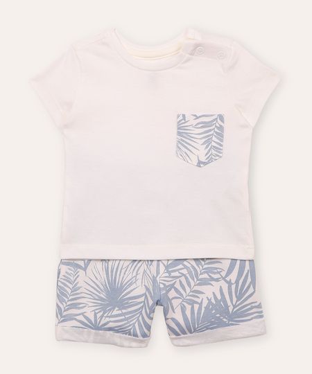 conjunto de algodão infantil manga curta folhagens branco 6-9