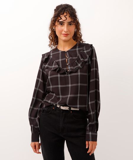 camisa de viscose com babados xadrez preta P