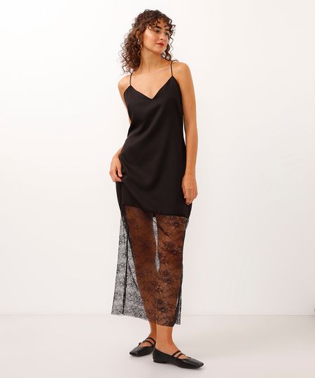 vestido longo alça fina com barra rendada preto PP