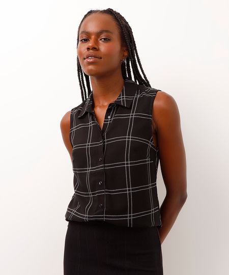 camisa de viscose sem manga xadrez preta P
