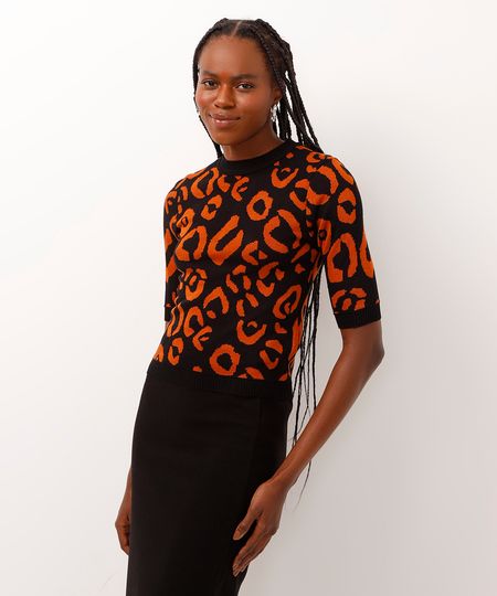 blusa de tricot decote redondo animal print preta PP