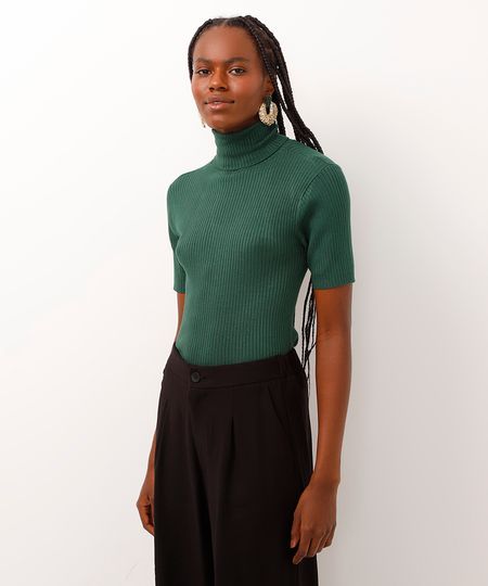 blusa de tricot gola alta manga curta verde G