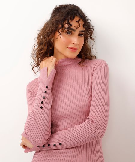 blusa de tricot gola alta com botões lilás P