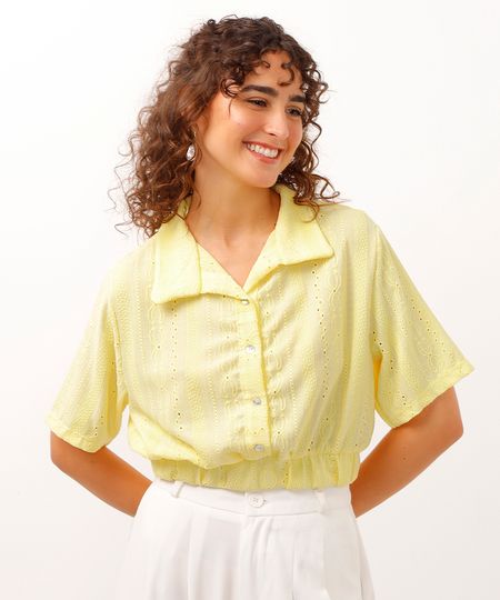 camisa cropped de laise manga curta texturizada amarelo P