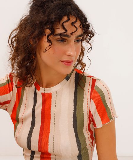 camiseta de viscose manga curta listrada colorida P camiseta de viscose manga curta listrada colorida P