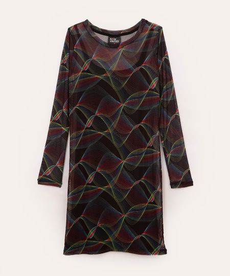 Vestido Juvenil Curto de Tule Estampado Ondas Now United Manga Longa Preto 6