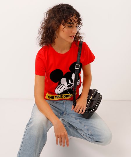 Camiseta de Algodão Mickey Flocada Manga Curta Decote Redondo Vermelha PP Camiseta de Algodão Mickey Flocada Manga Curta Decote Redondo Vermelha PP