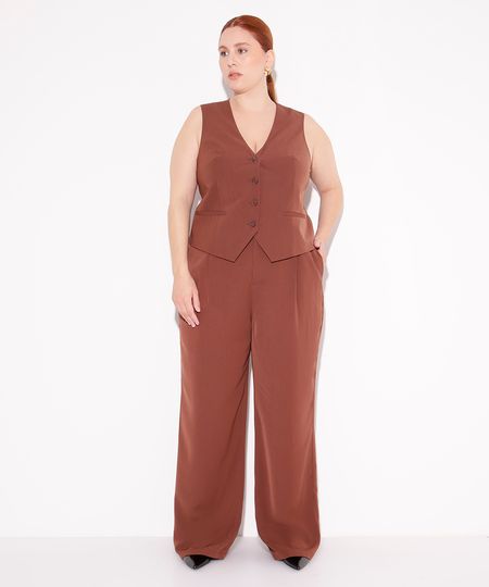 calça wide leg de alfaiataria plus size mindset marrom 50