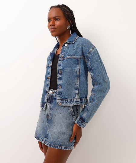 jaqueta jeans com brilhos azul P