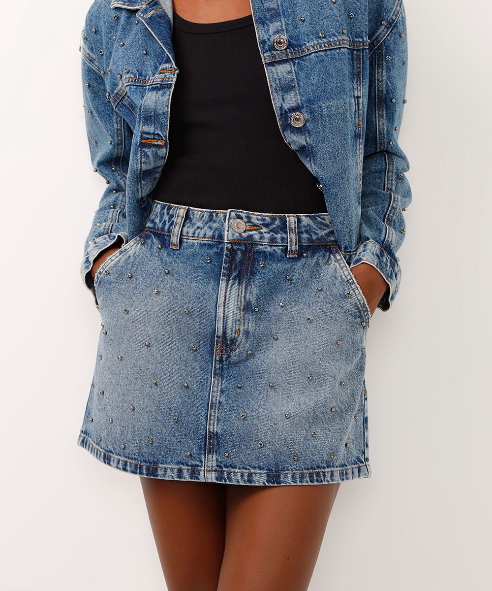 saia jeans curta cintura alta com brilhos azul
