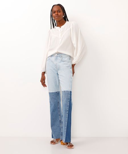 calça flare jeans cintura alta patchwork azul 36