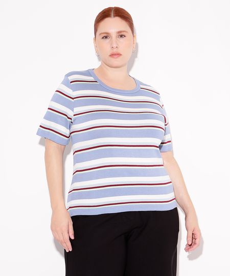 blusa de tricot listrado plus size mindset azul GG2