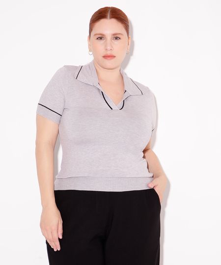blusa polo de tricot manga curta plus size mindset cinza GG2