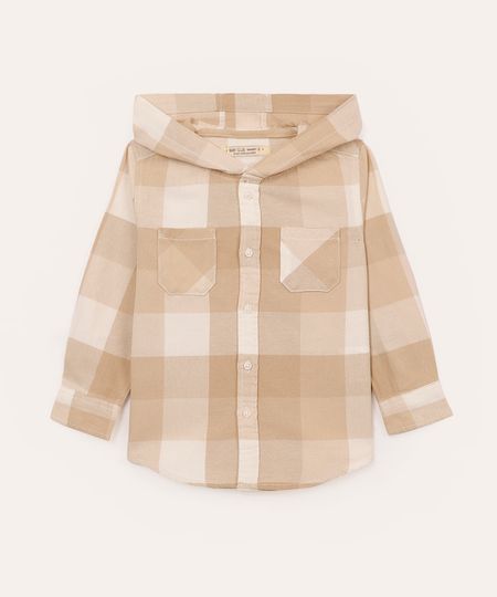 camisa de flanela com capuz infantil xadrez bege 1
