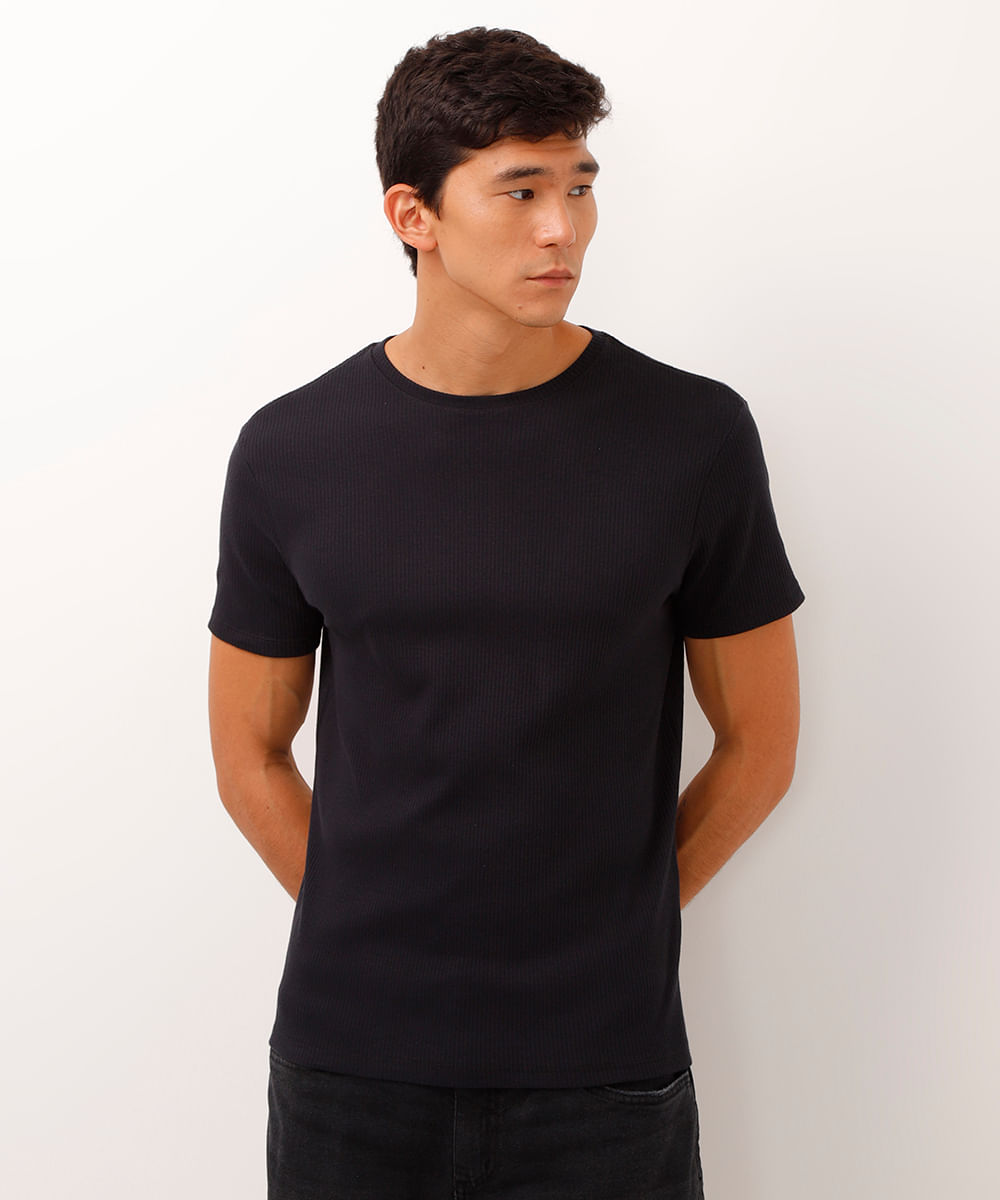 camiseta de algodão manga curta texturizada preta