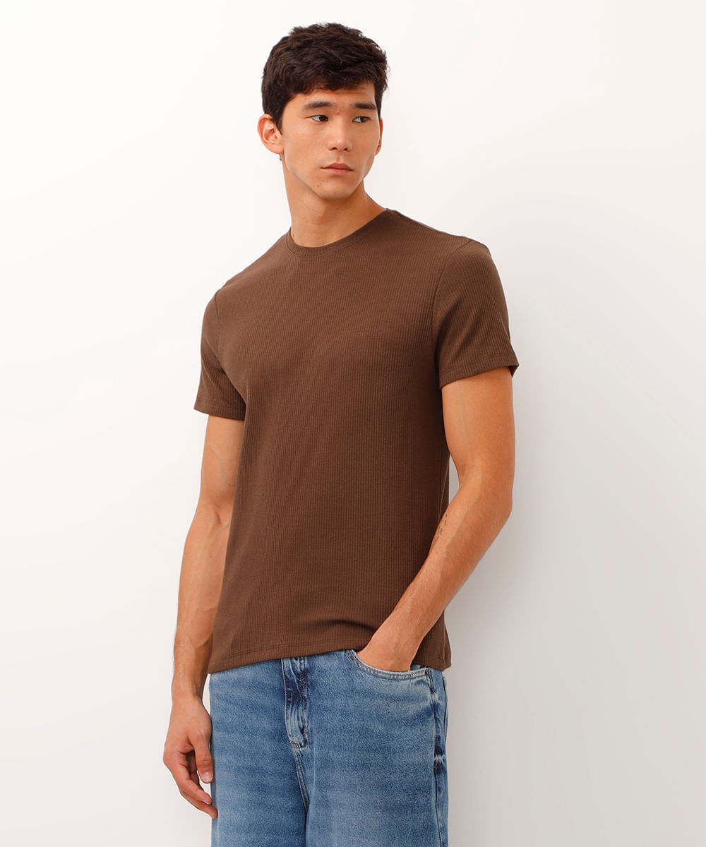 camiseta de algodão manga curta texturizada marrom
