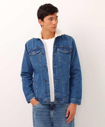 jaqueta jeans gola sherpa azul G
