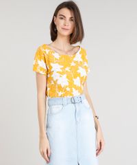 Blusa-Feminina-Ampla-Estampada-Floral-Manga-Curta-Decote-Redondo-Mostarda-9355693-Mostarda_1