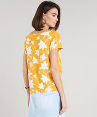 Blusa-Feminina-Ampla-Estampada-Floral-Manga-Curta-Decote-Redondo-Mostarda-9355693-Mostarda_2
