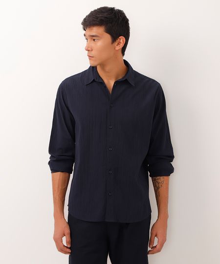 camisa texturizada comfort manga longa azul marinho G camisa texturizada comfort manga longa azul marinho G