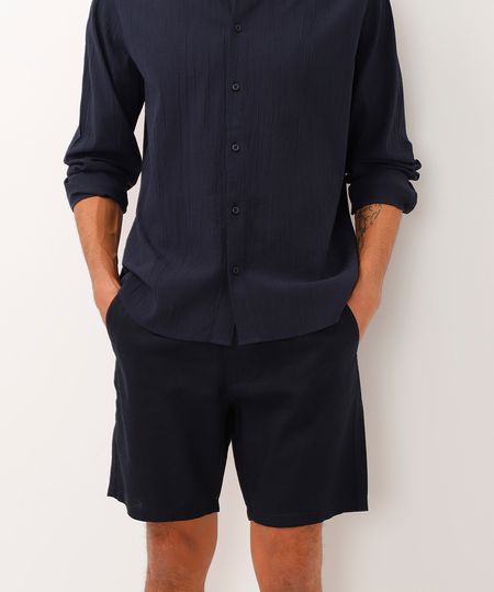bermuda reta de linho com bolsos azul marinho M